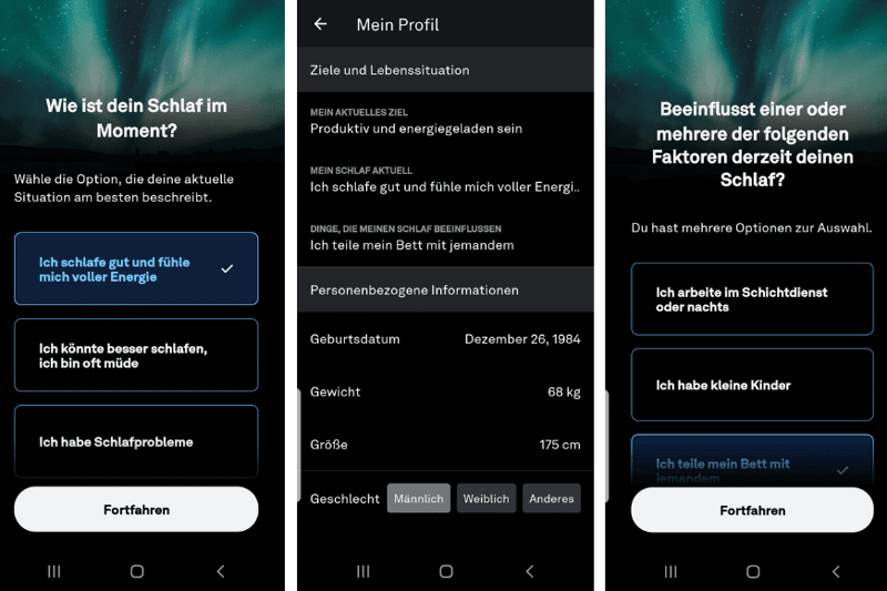 Screenshots zum Einrichtungsprozess der Oura App auf dem Smartphone werden gezeigt